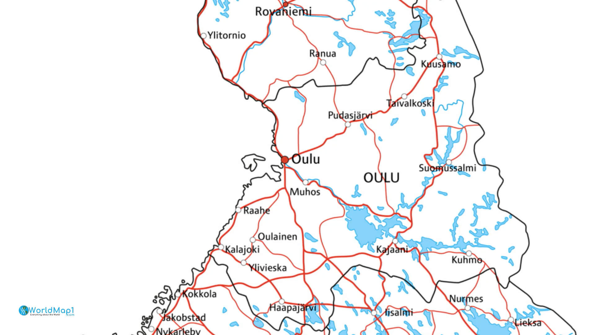 Kuzey Finlandiya Şehirleri Yollar ve Göller Haritası